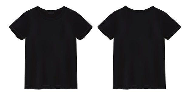 ユニセックスの黒のTシャツのモックアップ。 Tシャツのデザインテンプレート。半袖Tシャツ。正面図と背面図。ベクトルイラスト。