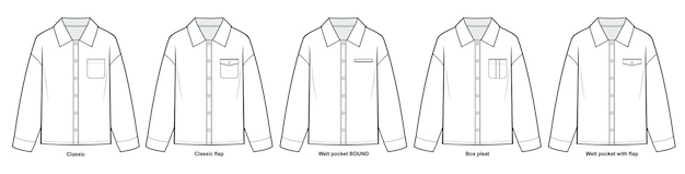 Unisex Button Down Shirts with different types of pocket fashion technical drawing templates