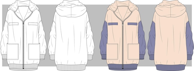 Unisex sweatshirt met capuchon en ritssluiting, platte schets
