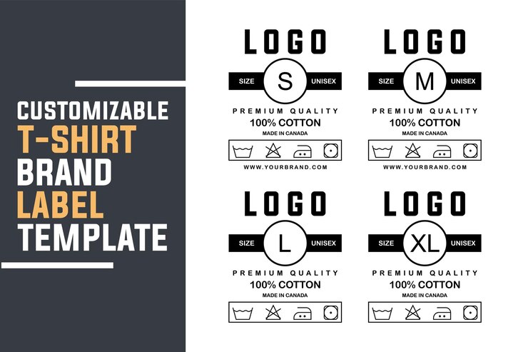 Vector unisex tshirt label tag template set with size variants and care instructions