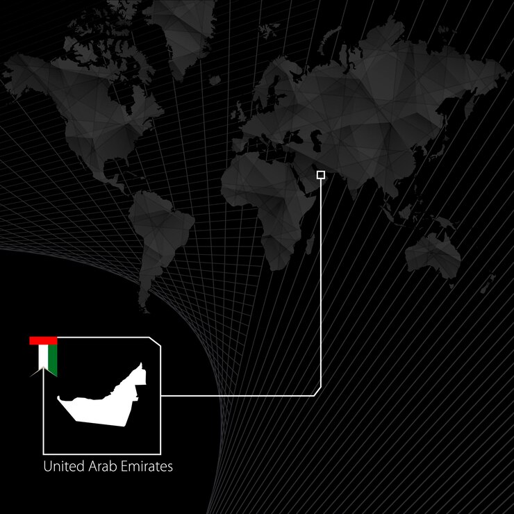वेक्टर united arab emirates on black world map map and flag of uae