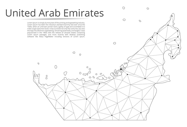 United Arab Emirates communication network map Vector low poly image of a global map with lights in the form of cities