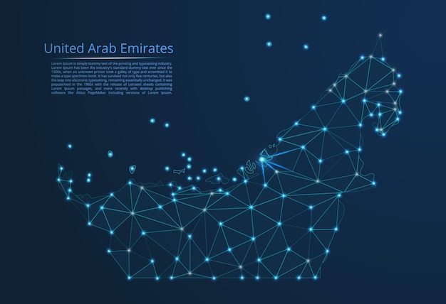 Mappa della rete di comunicazione degli emirati arabi uniti immagine vettoriale low poly di una mappa globale con luci