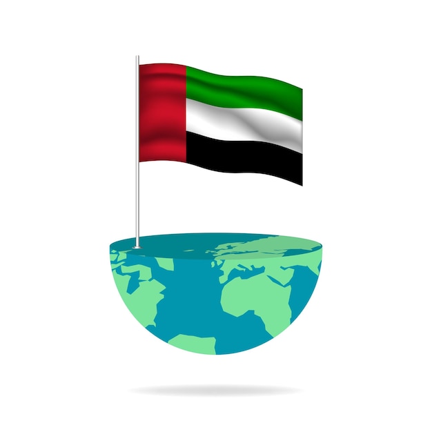 United Arab Emirates flag pole on globe. Flag waving around the world.