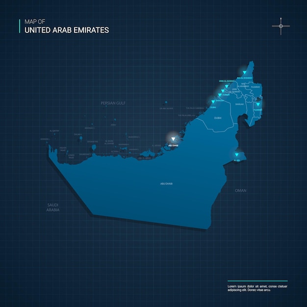 United arab emirates map with blue neon light points