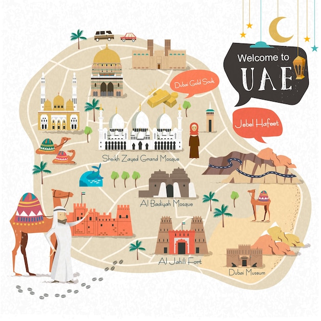 ベクトル アラブ首長国連邦の旅行地図のデザインとアトラクション