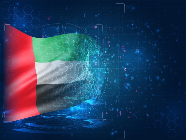 United Arab Emirates, vector 3d flag on blue background with hud interfaces