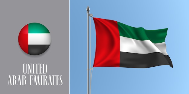 Emirati arabi uniti sventolando bandiera sul pennone e icona rotonda, mockup di strisce della bandiera degli emirati arabi uniti e pulsante cerchio