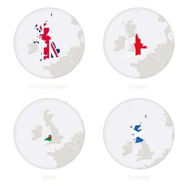 英国、イングランド、ウェールズ、スコットランドの地図の等高線と国旗を円で囲んだもの。ベクトルイラスト。