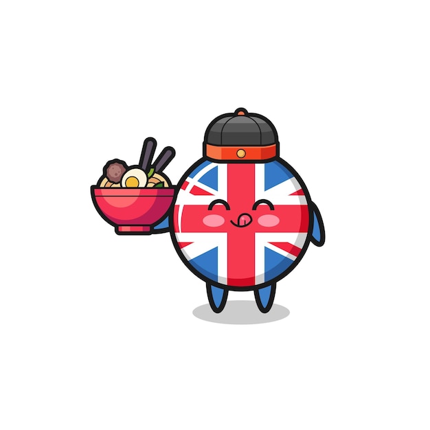 United kingdom flag as Chinese chef mascot holding a noodle bowl cute design