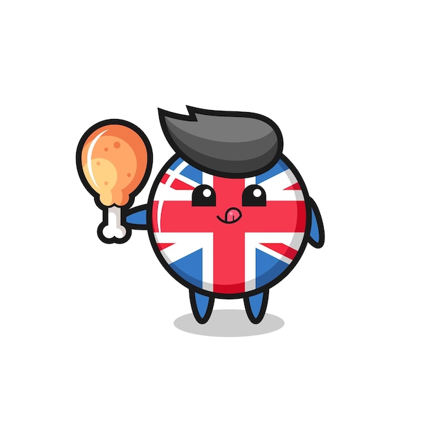 영국 국기 배지 귀여운 마스코트가 프라이드 치킨을 먹고 있다