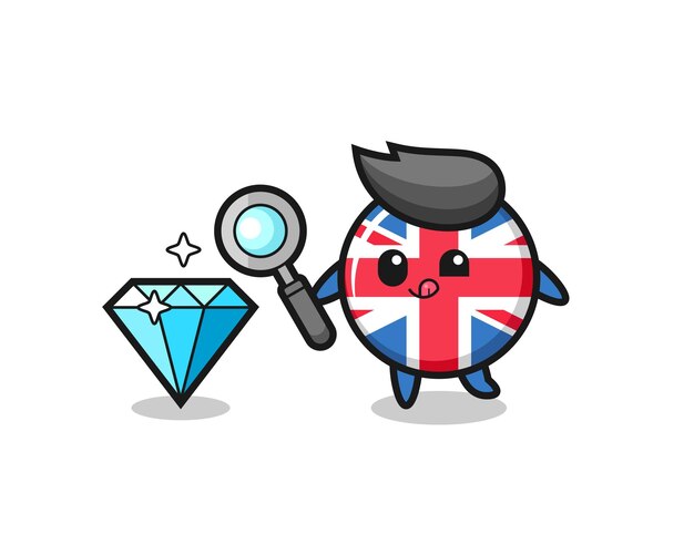 United kingdom flag badge mascot is checking the authenticity of a diamond