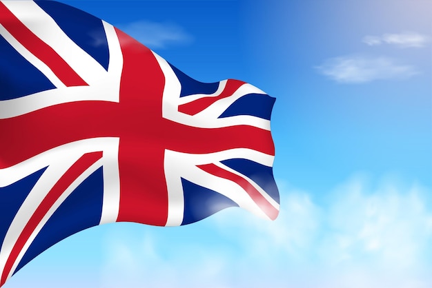 United Kingdom flag in the clouds. Vector flag waving in the sky. National day realistic flag