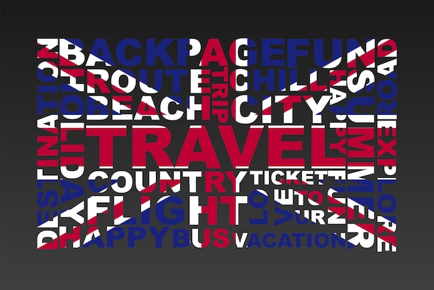 United Kingdom flag shape of travel keywords, travel concept, abroad vacation idea, simple flat desi