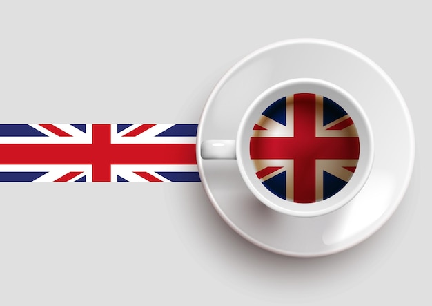 United Kingdom flag with a tasty coffee cup on top view