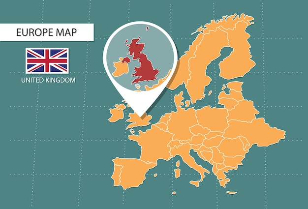 Vector united kingdom map in europe zoom version icons showing united kingdom location and flags