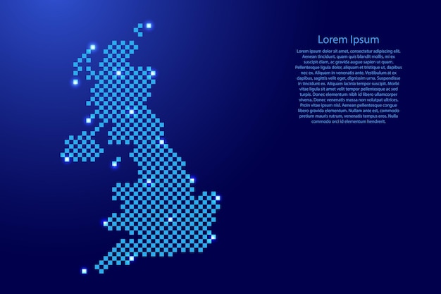 未来的な青い市松模様の正方形のグリッド パターンとバナー ポスター グリーティング カードの輝く星からのイギリスの地図