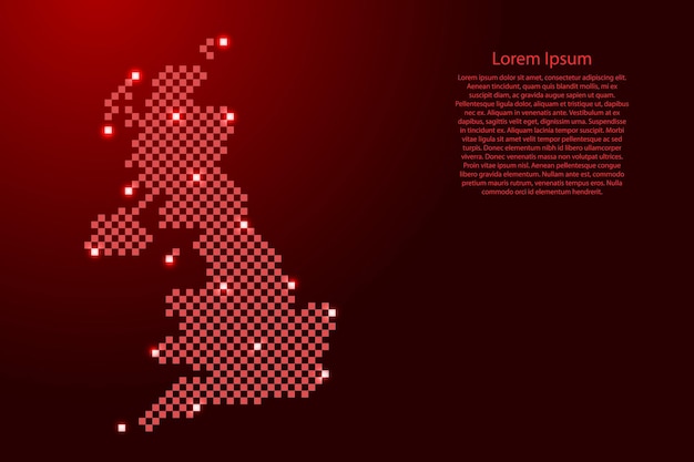 未来的な赤い市松模様の正方形のグリッド パターンとバナー ポスター グリーティング カードの輝く星からのイギリスの地図
