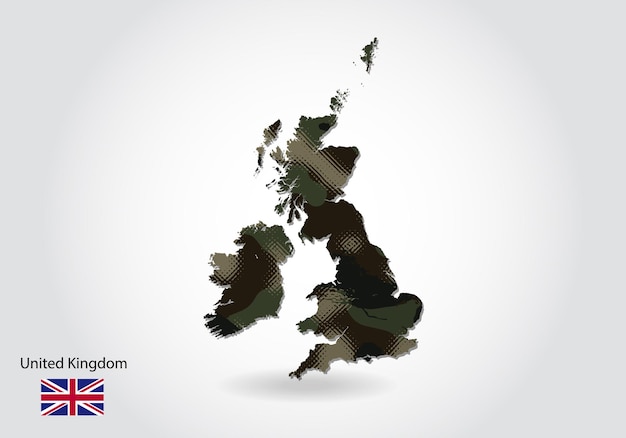 위장 패턴이 있는 영국 지도 지도의 숲 녹색 질감 육군 군인 및 전쟁 국장 플래그에 대한 군사 개념