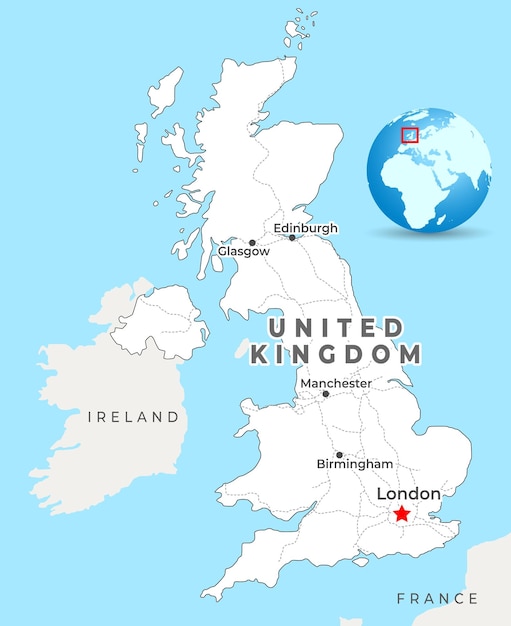 Mappa del regno unito con la capitale londra, le città più importanti e i confini nazionali