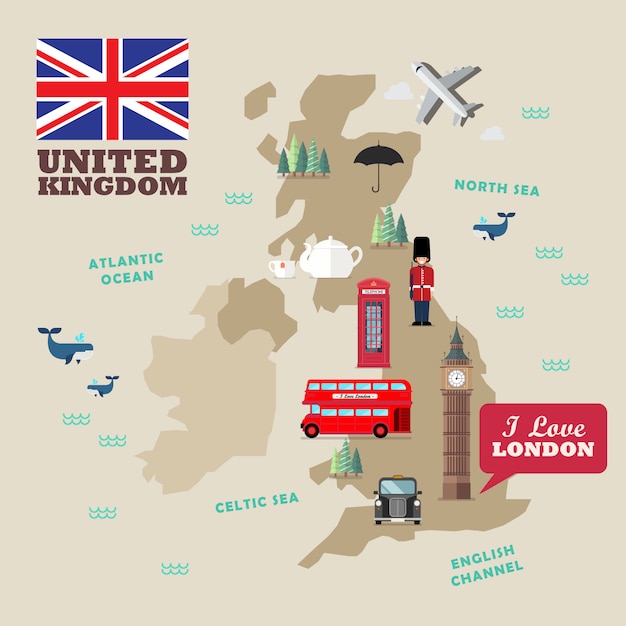 United kingdom national symbols with map