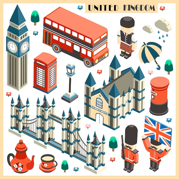 United kingdom travel collection in 3d isometric flat design