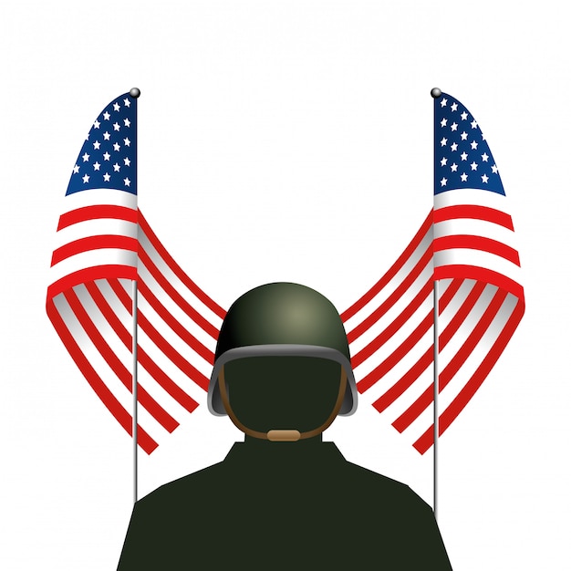 United state flag with soldier and helmet