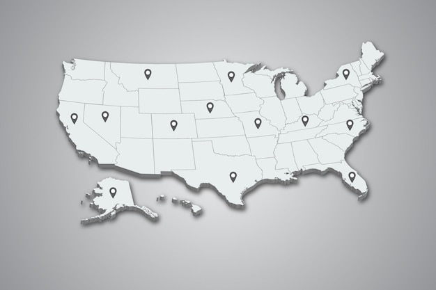 Карта США 3D с иллюстрацией булавки карты на изолированном фоне