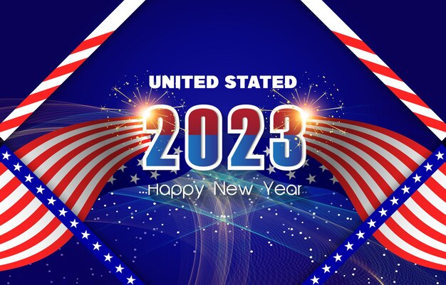 United stated theme happy new year 2023 with colorful sparkle luxury shiny with abstract blue and red gradient background design