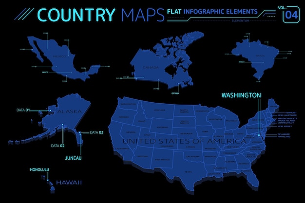 Соединенные Штаты Америки, Аляска, Гавайи, Мексика, Канада и Бразилия, векторные карты