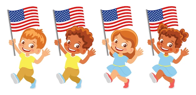 Bandiera degli stati uniti d'america in mano. bambini che tengono bandiera. bandiera nazionale degli stati uniti d'america