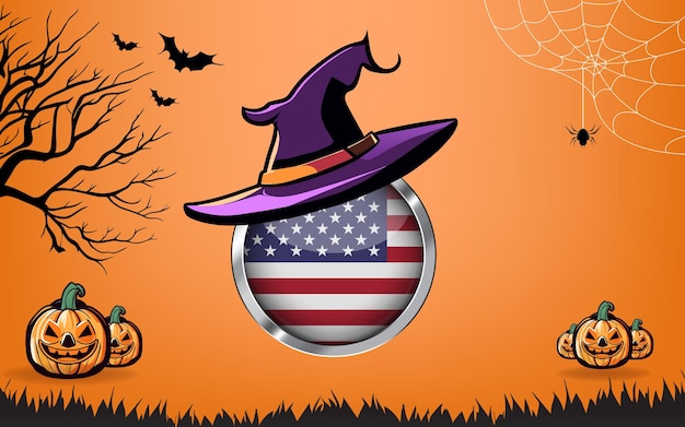 Vector united states of america round flag with happy halloween banner or party invitation background bats spiders and pumpkins orange background