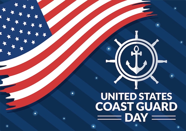 Vector united states coast guard day vector illustration on august 4 with american flag and ship background