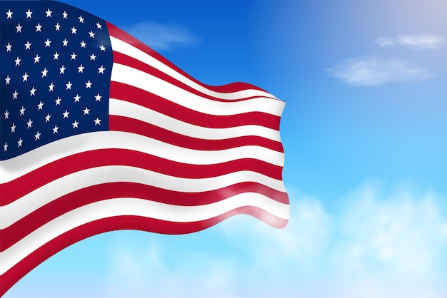 United States flag in the clouds. Vector flag waving in the sky. National day realistic flag