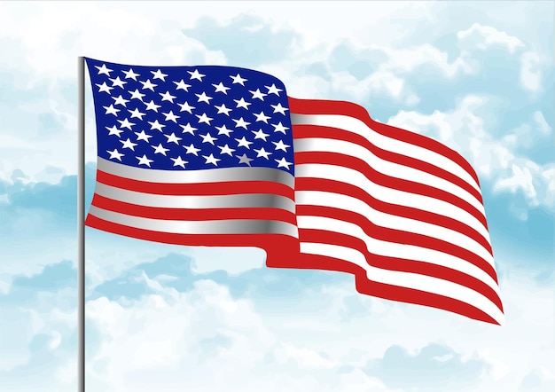 united states flag waving in the wind against a cloudy sky hand drawn illustration