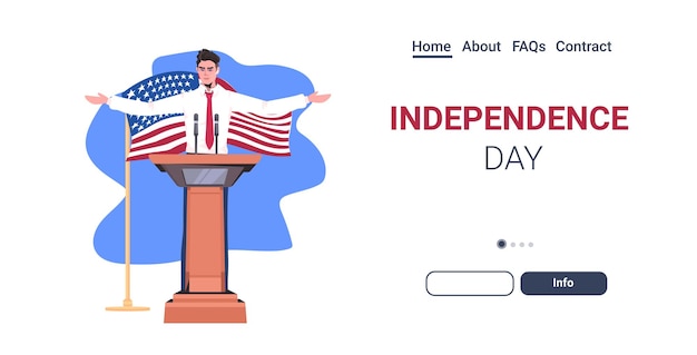 United states politician making speech from tribune with usa flag, 4th of july american independence day celebration landing page