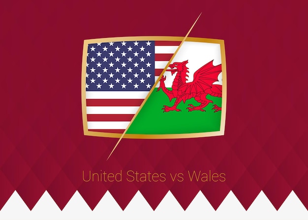 United States vs Wales group stage icon of football competition on burgundy background