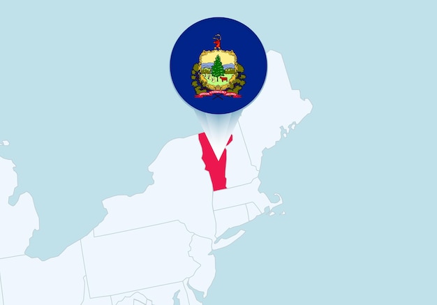 Vettore stati uniti con la mappa del vermont selezionata e l'icona della bandiera del vermont