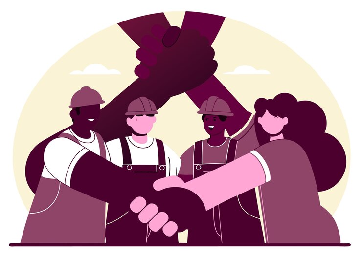 Vector united workers a strong human chain of teamwork unity hands power group people