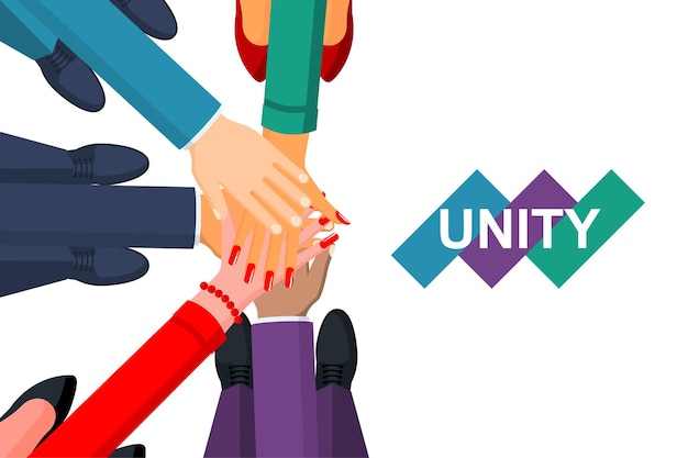 Vector unity concept. top view of a group of young business people, holding hands together. unity and teamwork. vector illustration flat design. isolated on white background.