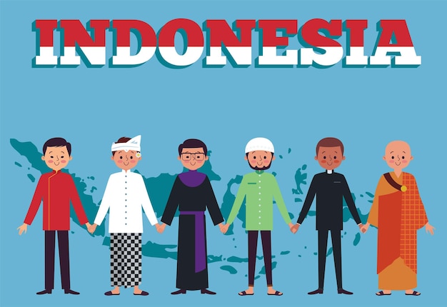 Vector unity in diversiy represent indonesia as a country with various tribes and religions