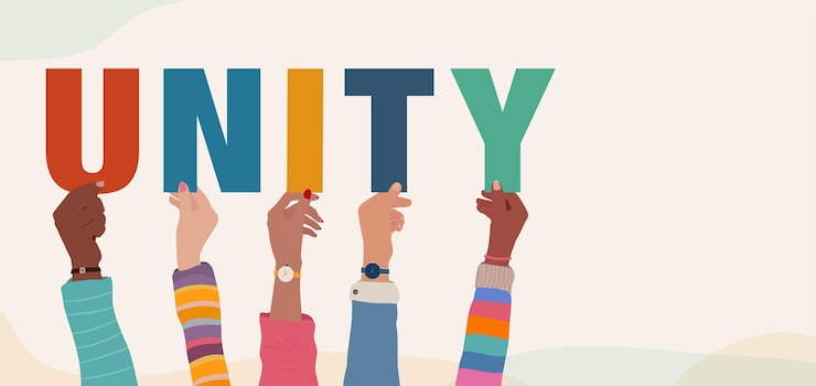 Vector unity hands holding the word unity representing community and togetherness