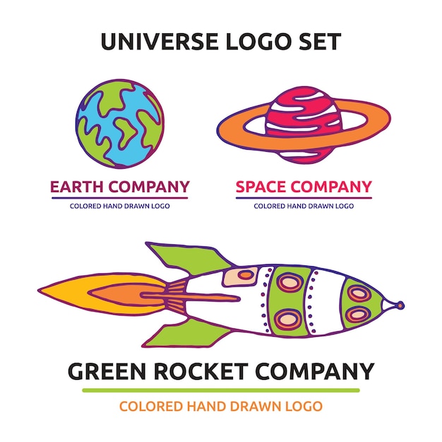 Univerce logo set with pink and orange planet green and blue earth and white spaceship illustration