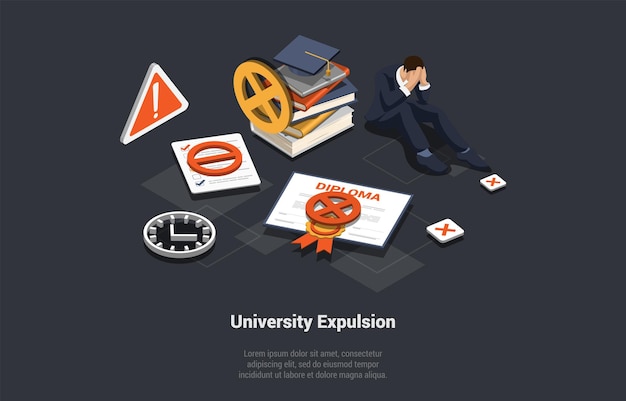 Univercity Expulsion Concept Stressed Student Holding His Head Sitting On The Floor Because Of Fail Exam And Removal or Banning of From School or University Isometric 3D Concept Vector Illustration