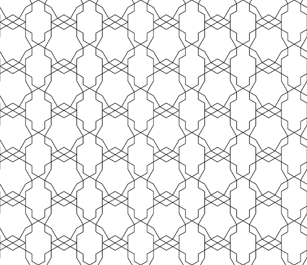 ストロークの編集可能な重み、クリッピングマスクを備えたユニバーサルで高品質のシームレスな幾何学模様。古典的なスタイルの抽象的な黒と白のベクトルの背景