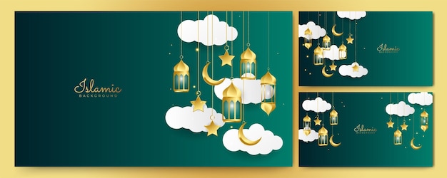 Fondo universale della bandiera del ramadan kareem con la moschea del modello islamico della luna della lanterna ed elementi islamici di lusso astratti
