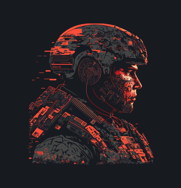 Vector universal soldier poster avatar profiel donkere uitrusting pantser scifi zelfverzekerd karakter generatieve ai camouflage slagveld aanval portret technologie concept vector illustratie