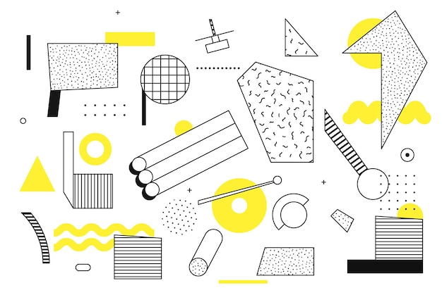 明るい大胆な黄色の要素の構成と並置されたユニバーサルトレンドハーフトーンの幾何学的形状雑誌のリーフレット看板販売のためのデザイン要素