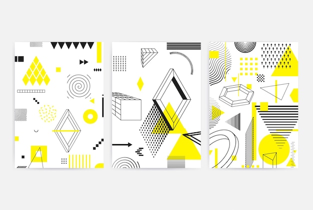 Universal trend posters set juxtaposed with bright bold geometric black white and yellow elements composition background in restrained sustained tempered style magazine leaflet billboard sale