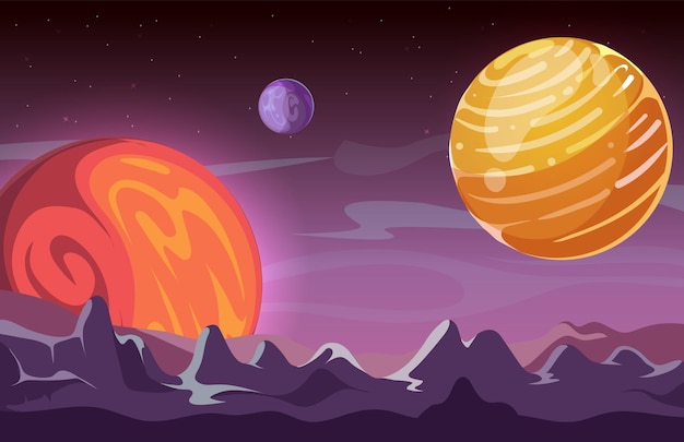 Vector universe background cartoon space planets in cosmos game location mars or mystic world vector illustration location galaxy cosmos universe cartoon